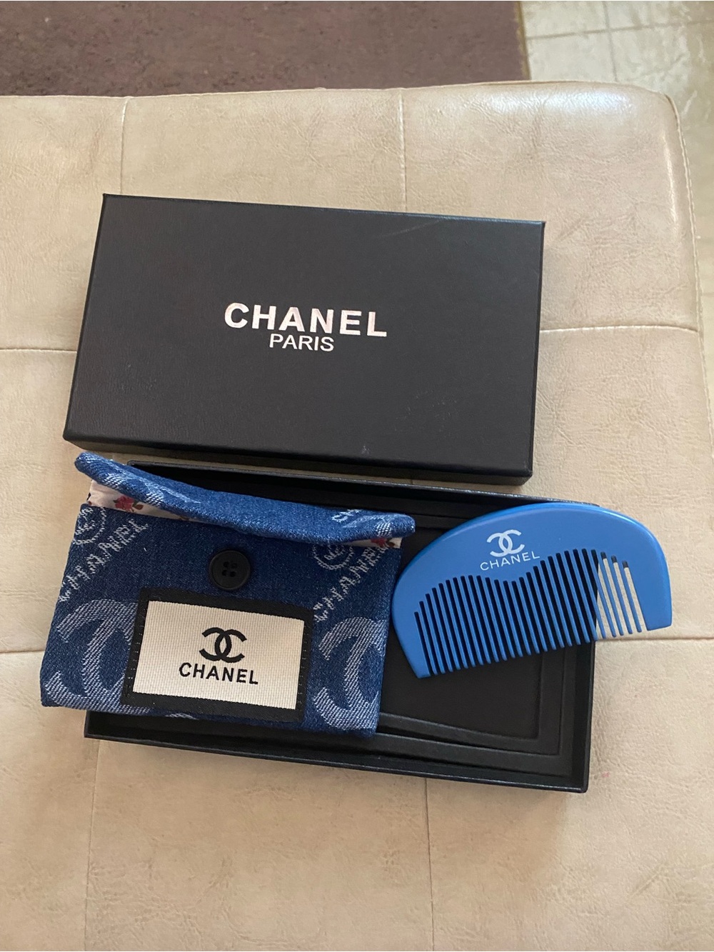 CHANEL Blue Logo Pocket Comb with Denim Logo Pouch
